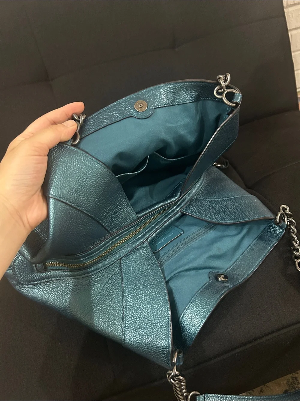 Coach Lexy Metallic Peacock Blue Teal Pebbled Leather Chain Shoulder Bag Purse